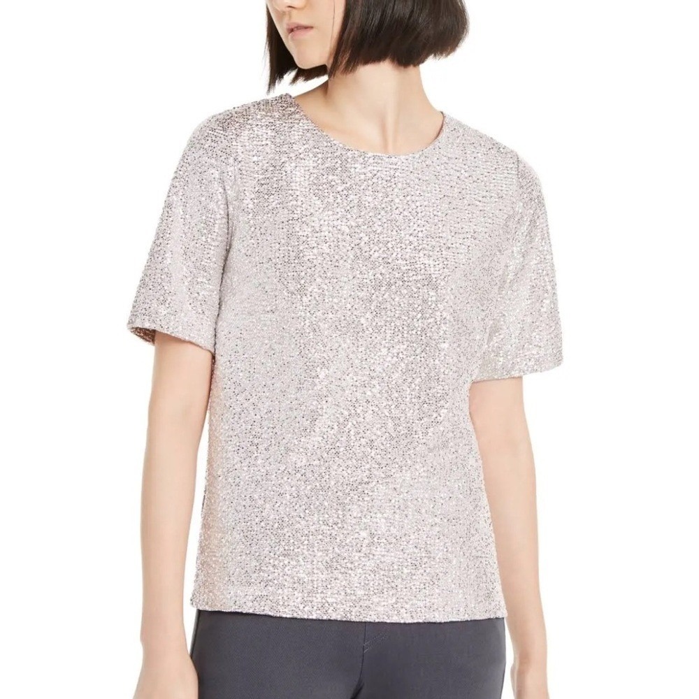 Monteau Sequin Knit Top Womens Medium Silver Metallic Short Sleeve Keyhole